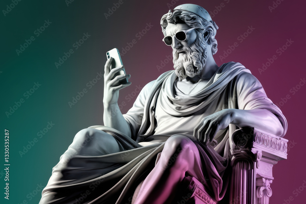 Poster modern interpretation of a classical statue gazing at smartphone with sunglasses in a gradient backg
