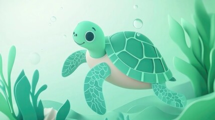 Cute cartoon turtle swimming in an underwater scene
