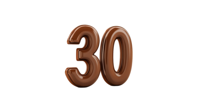 Brown number 30 made of glossy material placed against a white background in a simple and minimalistic setting