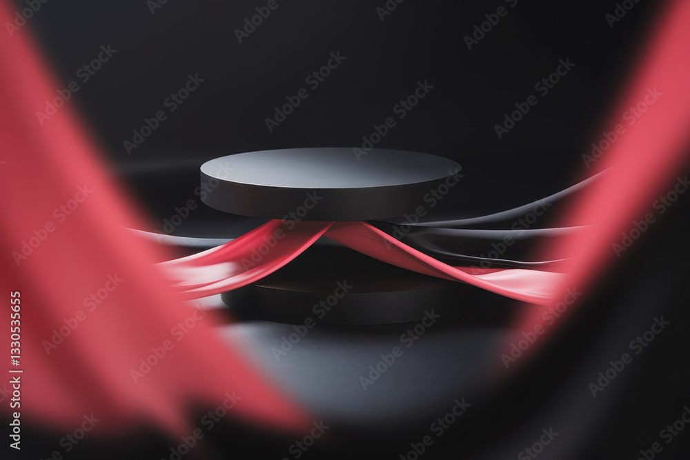 Poster minimalistic display with black and red ribbons on a floating platform against a dark background