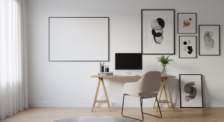 Minimalist home office workspace with wooden desk, white chair and abstract wall art gallery. Modern interior design with blank frame mockup for home work setup.