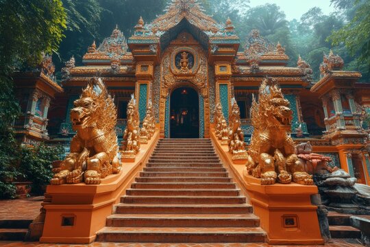 A stunning golden temple entrance, offering a glimpse into a rich cultural heritage, with a staircase leading up to the temple's ornate doorway. The temple is flanked by guardian statues.