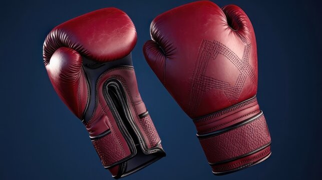 Pair of maroon leather boxing gloves, detailed view