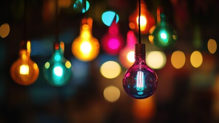 Fototapeta premium Colorful pendant lights hang in the dark, their vibrant hues contrasting with the blurred bokeh backdrop