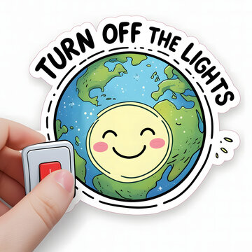 Peaceful smiling Earth in glowing background while hand gently switches off light switch