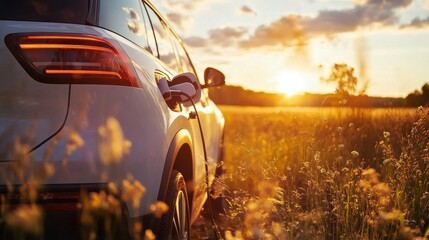 SUV Charging in Serene Rural Landscape at Sunset