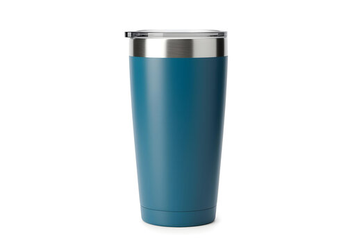 Stylish blue tumbler with stainless steel accents, perfect for hot or cold beverages, simple and modern design.isolated on a white background PNG