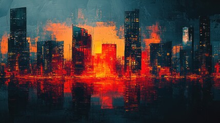 Obraz premium Fiery Cityscape at Sunset: A Digital Painting