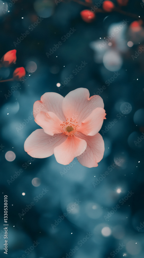 Aufkleber soft pink flower with visible stamens and pistils blooming in a magical dark bokeh background with b