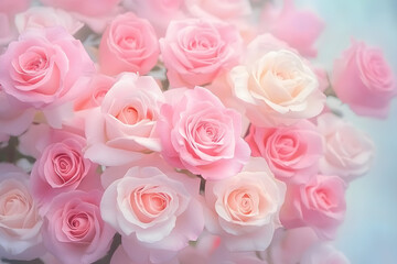 Flowers roses soft pastel color background. Beautiful composition. Valentine's Day, Easter, Birthday, Happy Women's Day, Mother's Day. Holiday poster and banner