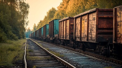 Obraz premium Freight Train on Tracks Through Forest at Sunrise or Sunset