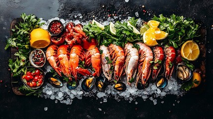 Assorted Fresh Seafood On Wooden Platter