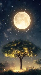 A luminous full moon shines above a solitary tree at night