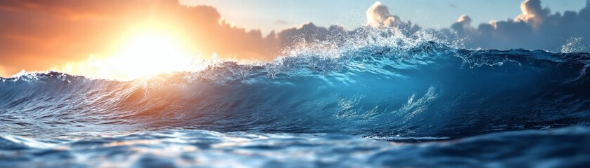 Fototapeta premium Ocean wave at sunset, sunlight through wave, powerful wave, sea wave.