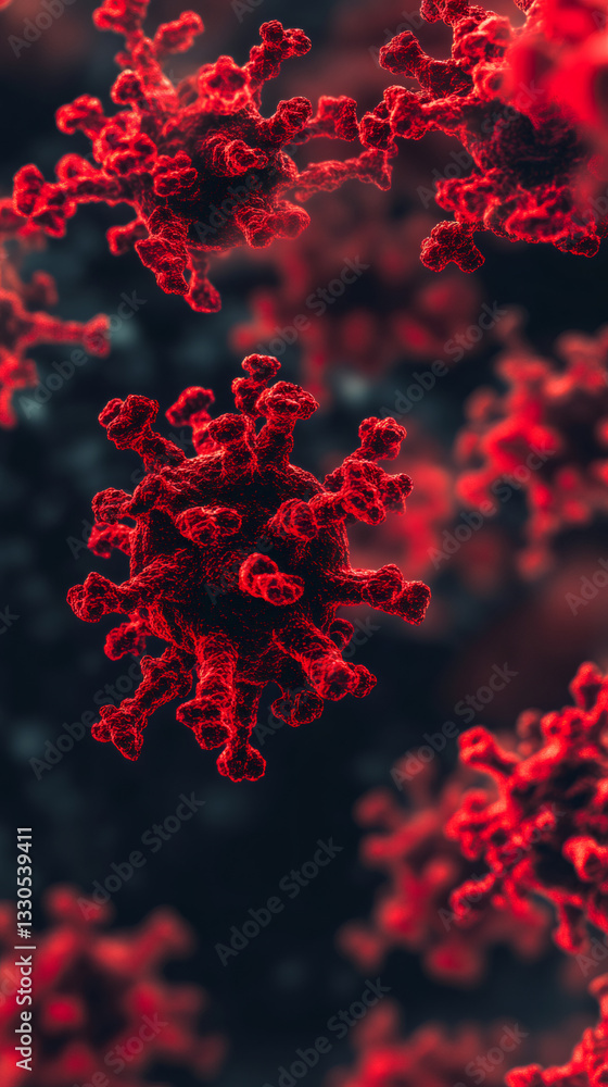 Poster Coronavirus particles floating in shadowy backdrop, magnified image displaying viral architecture with detailed structural complexity