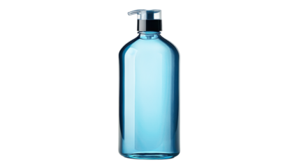 Clear blue bottle with pump top designed for liquid storage and easy dispensing in modern home settings