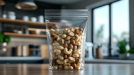 Cashew nuts in a transparent ziplock bag placed on a kitchen countertop, with a soft-focus background, ideal for food branding and packaging design