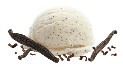 Creamy vanilla ice cream scoop surrounded by vanilla bean pods and specks on a white background