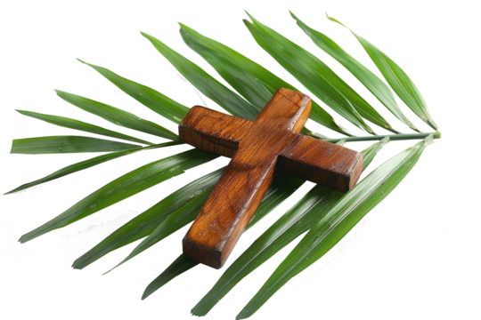 Wooden cross placed on fresh green palm leaves symbolizes Palm Sunday and Christian faith. Depicts spirituality, devotion and Easter traditions. Isolated on transparent background