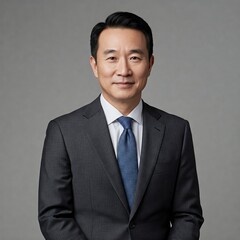 Professional portrait of a confident businessman in formal attire against a neutral background
