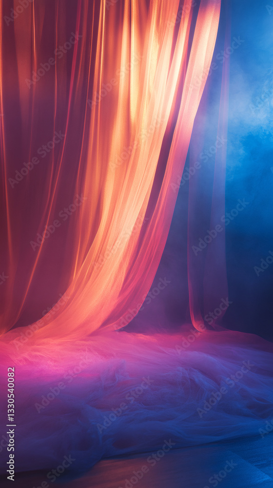 Poster translucent curtains diffusing vibrant orange, blue illumination, generating soft, abstract luminous