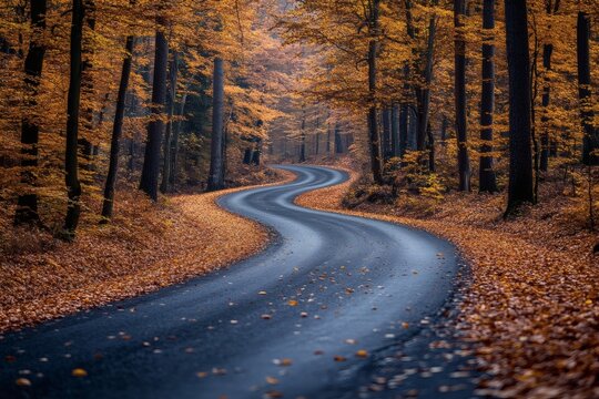 winding road through autumn forest. The road curves gently through a forest of golden and brown trees, fallen leaves scattered along the edges.