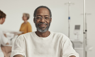 Fototapeta premium Elderly Black man smiling in a hospital room, receiving care, premium shot