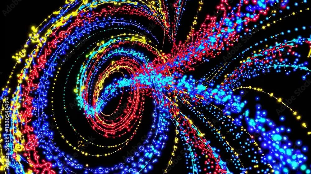 Poster brightly colored particles swirling and streaking across a deep black background, creating a dynamic