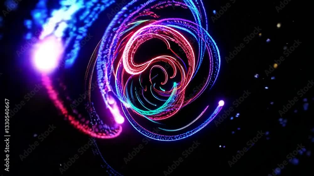 Poster colorful particles flowing against a black background create swirling shapes, generating a mesmerizi
