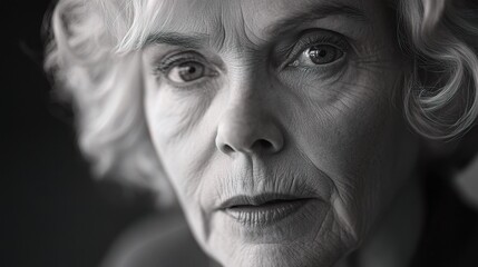 Fototapeta premium Elderly Woman in Black and White Close-Up Portrait with Emotive Expression