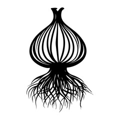 A highly detailed flat vector silhouette of an onion vegetable, showcasing its layers and roots in a botanical illustration 