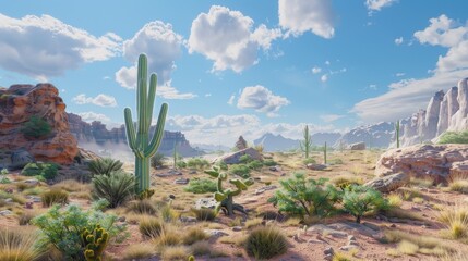 A sunlit desert scene with tall cacti, green shrubs, and rugged rocky terrain. The bright blue sky, dotted with fluffy clouds, highlights the vivid colors and natural serenity of the landscape.