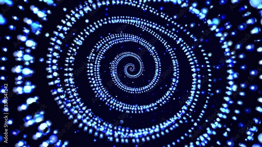 Poster bright blue particles rotating and forming a spiral on a dark background, creating a mesmerizing vis