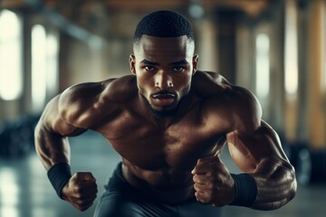 Fototapeta premium Muscular Black man flexing muscles in gym