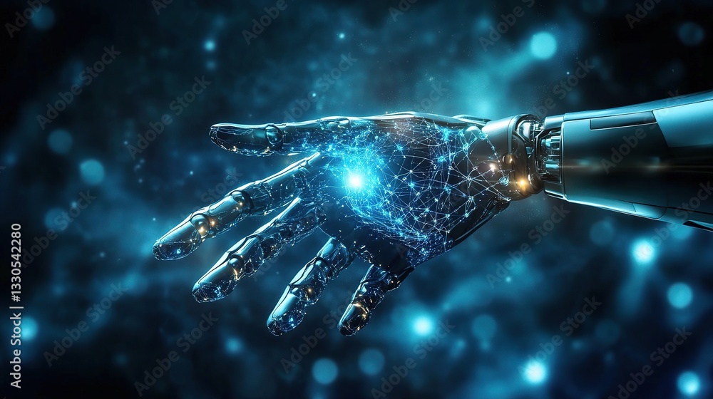 Poster futuristic robotic hand with neural network design concept