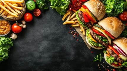 Delicious Gourmet Burgers with Fresh Vegetables and French Fries