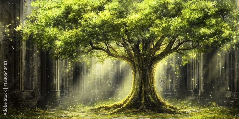 Poster a large luminous tree stands centered in a stone environment