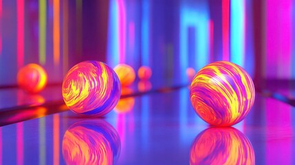 Colorful abstract spheres in neon light reflection studio. Possible use digital art, wallpaper, design inspiration