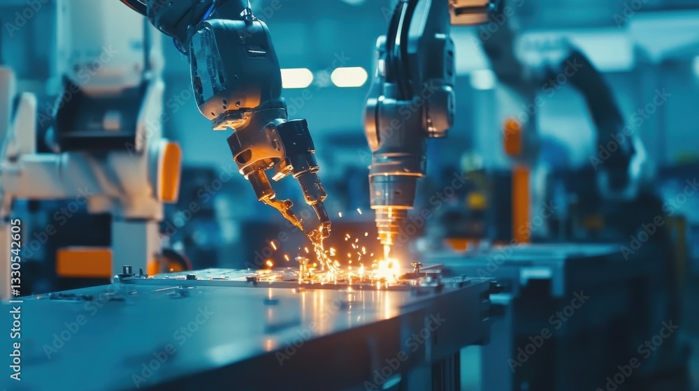 Poster advanced automation in manufacturing with robotic arms producing sparks
