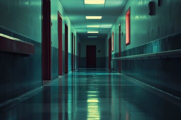 Fototapeta premium Eerie Hospital Hallway with Red Doors and Dim Lighting Creates a Suspenseful and Gloomy Atmosphere