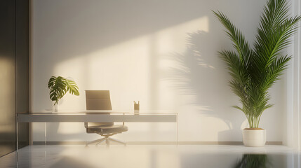 Fototapeta premium Modern Minimalist Home Office Workspace with Sunlight and Plants