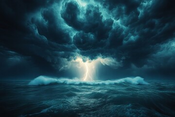 Fototapeta premium Dramatic ocean landscape featuring dark, stormy clouds and a lightning strike over the water, creating a sense of power and natural fury