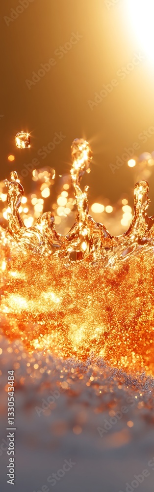 Poster dynamic splash of golden liquid with shining light abstract background