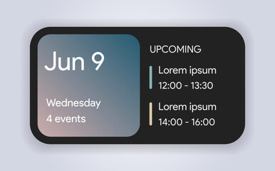 Mobile calendar widget interface template with scheduled events. Digital ios planner for task management, productivity, and organization. Dark iphone mobile app interface. Editable vector illustration
