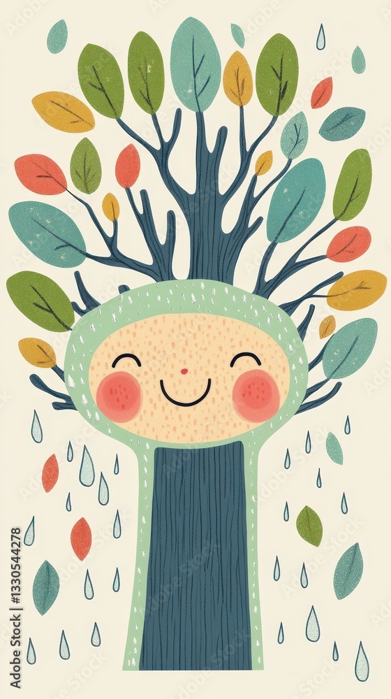 Poster smiling tree person with colorful leaves and falling raindrops around