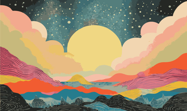 Rainbow retro landscape background risograph printmaking riso print paper texture vintage retro psychedelic backdrop with stars moon mountains cosmic patterns