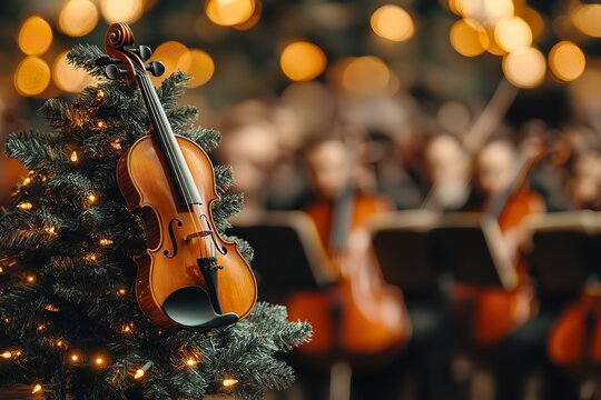 Christmas tree with violin, blurred orchestra background in elegant concert hall, bokeh effect