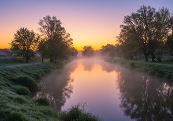 Serene sunrise mist gently shrouds tranquil river. AI Generated