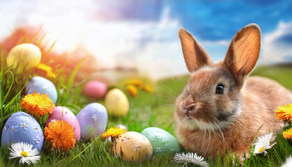 Adorable Bunny With Easter Eggs In Flowery Meadow	
