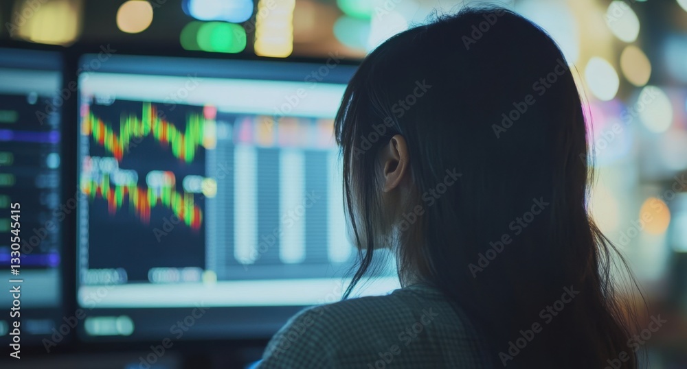 Poster close-up of an asian woman looking at a computer screen displaying a stock market graph the shot is 